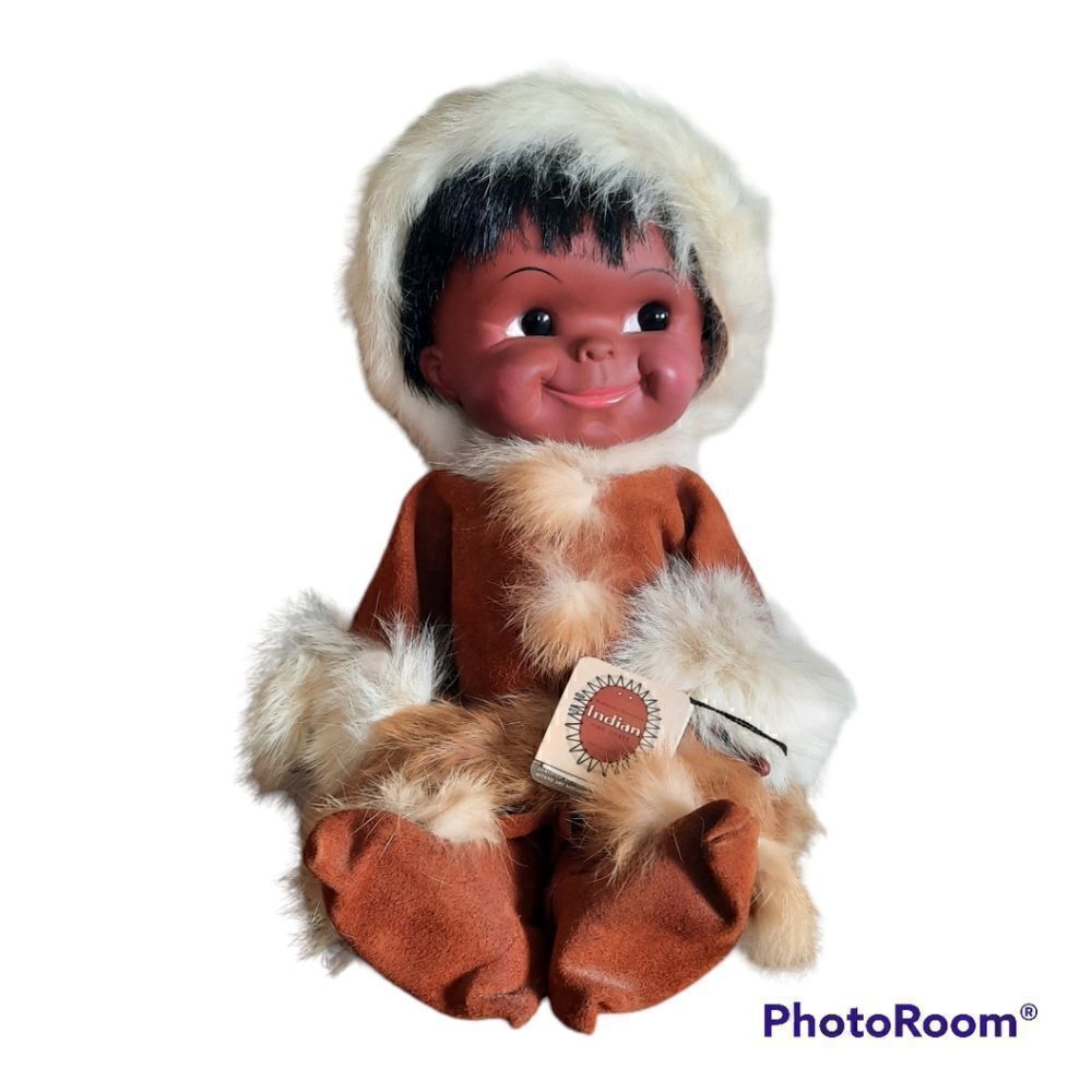 1960's Canadian Eskimo Inuit Doll Real Leather & Fur with Tags